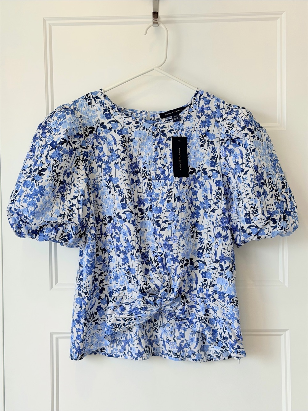 Tommy Hilfiger Blue and White Floral Puff-Sleeve Tie-Front Top